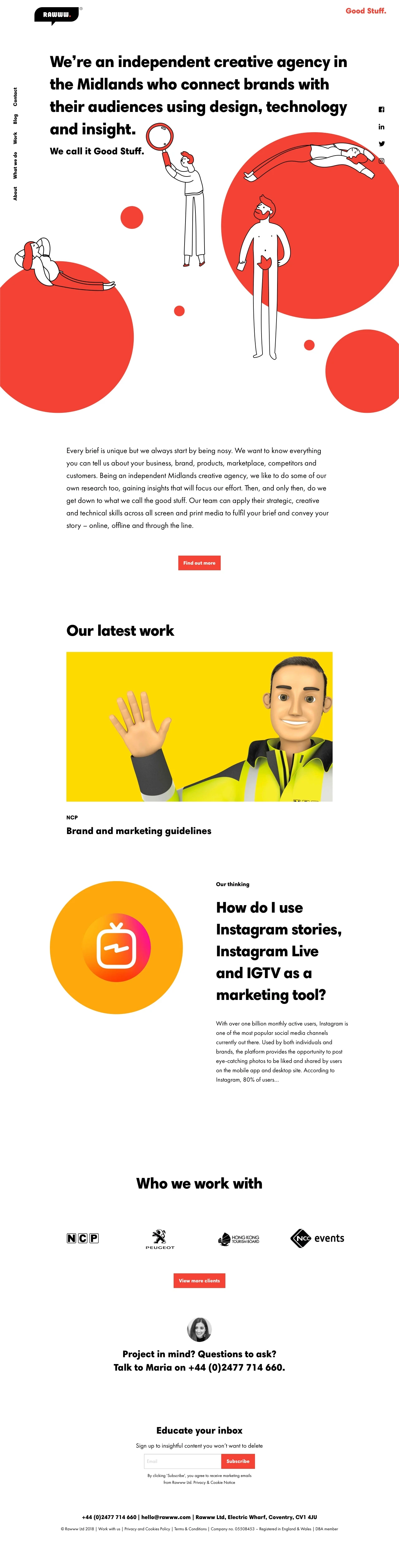 Rawww Landing Page Example: An award-winning creative agency in Coventry who can connect with your audience through brand, design, website design and technology.
