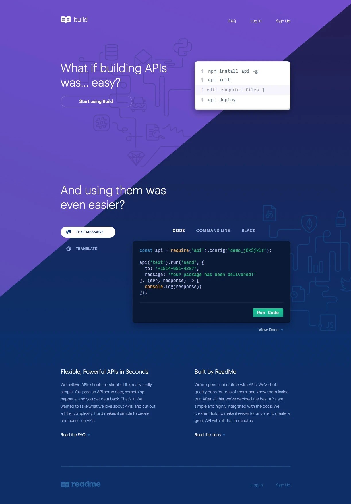 ReadMe Build Landing Page Example: The easiest way to create and use APIs and internal microservices.