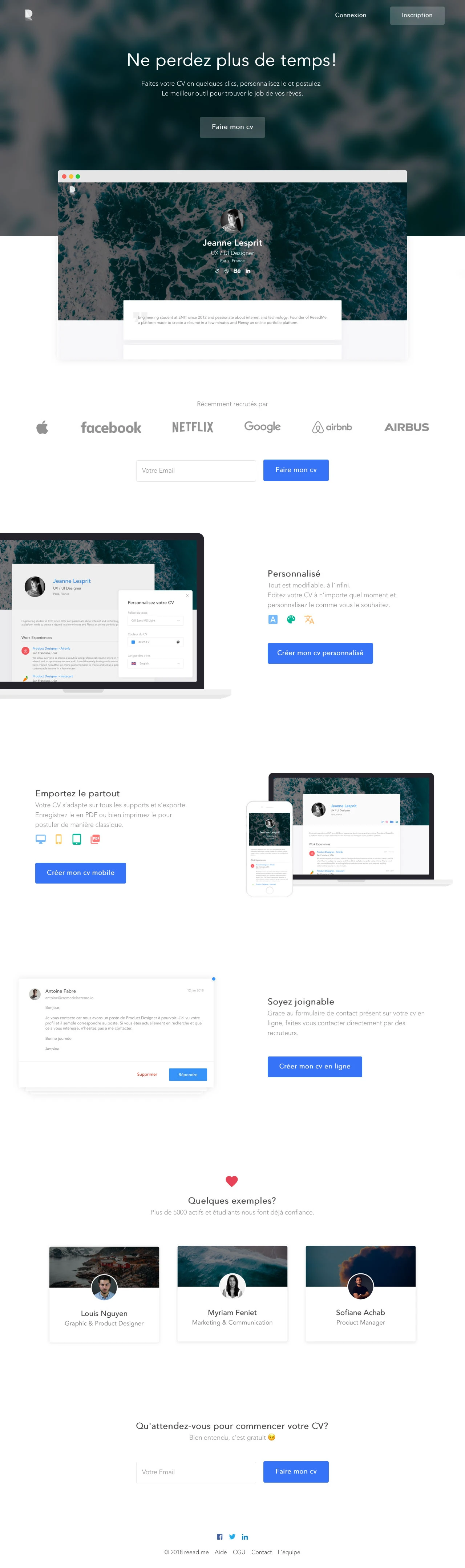 ReeadMe Landing Page Example: Do not waste anymore time! Make your resume in just a few clicks, customize it and apply. The best tool to find the job of your dreams.