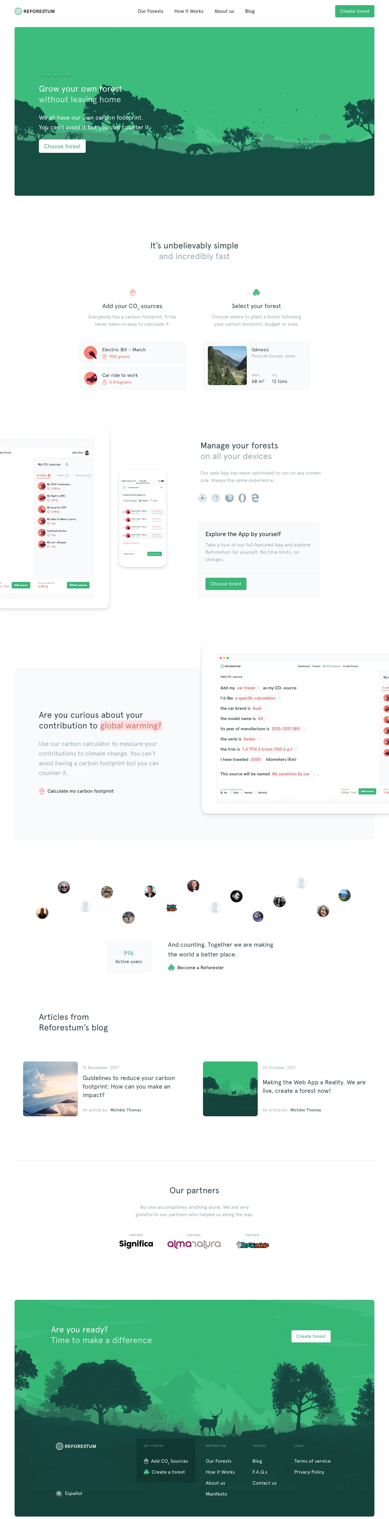 Reforestum Landing Page Example: Grow your own forest without leaving home – We all have our own carbon footprint. You can’t avoid it but you can counter it.