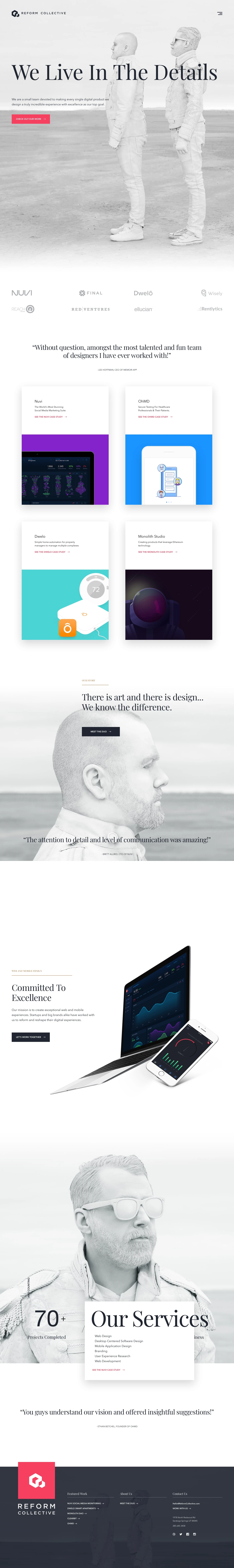 Reform Collective Landing Page Example: We are a small team devoted to making every single digital product we design a truly incredible experience with excellence as our top goal.