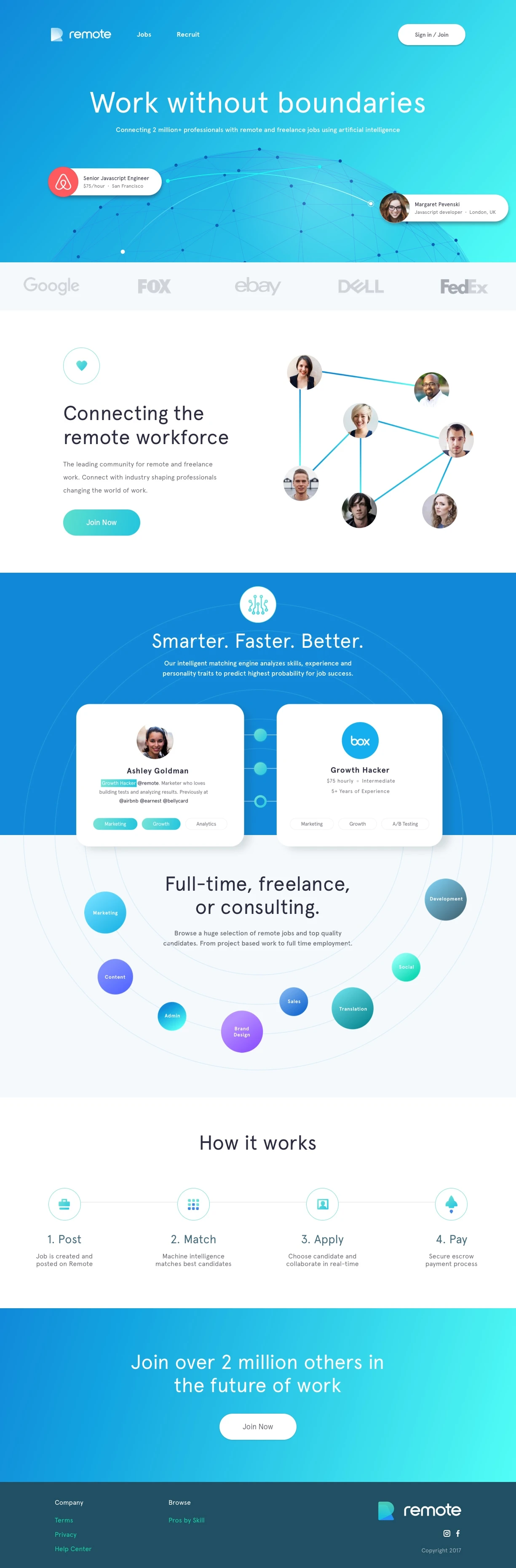 Remote Landing Page Example: Connecting over 2 million professionals with remote and freelance jobs.