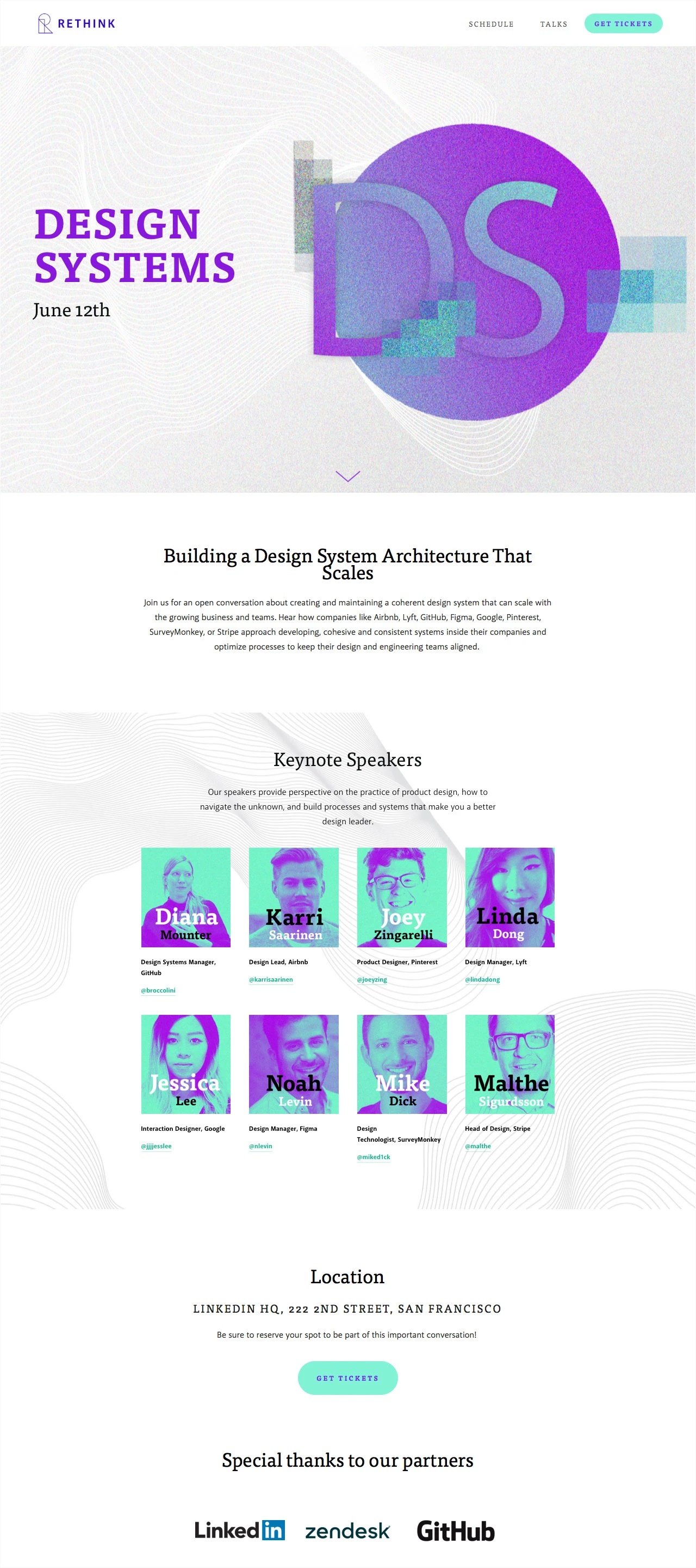 Rethink Landing Page Example: Join us for an open conversation about creating and maintaining a coherent design system that can scale with the growing business and teams. Hear how companies like Airbnb, Lyft, GitHub, Figma, Google, Pinterest, SurveyMonkey, or Stripe approach developing, cohesive and consistent systems inside their companies and optimize processes to keep their design and engineering teams aligned.