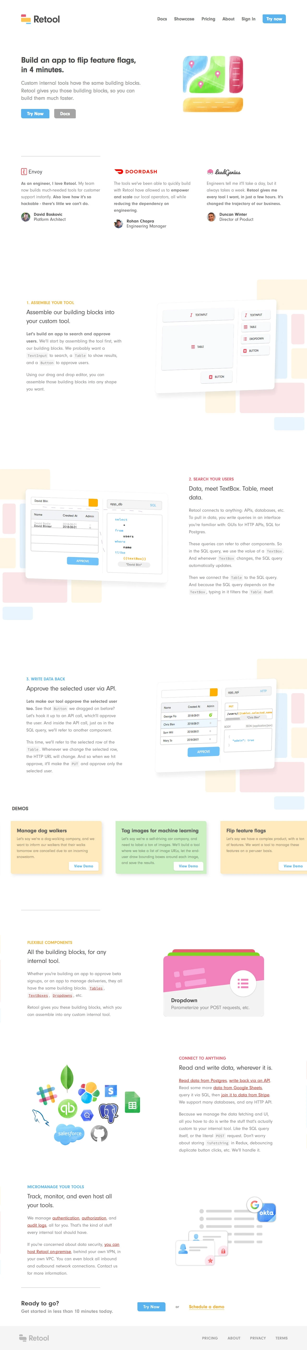 Retool Landing Page Example: Custom internal tools have the same building blocks. Retool gives you those building blocks, so you can build them much faster.
