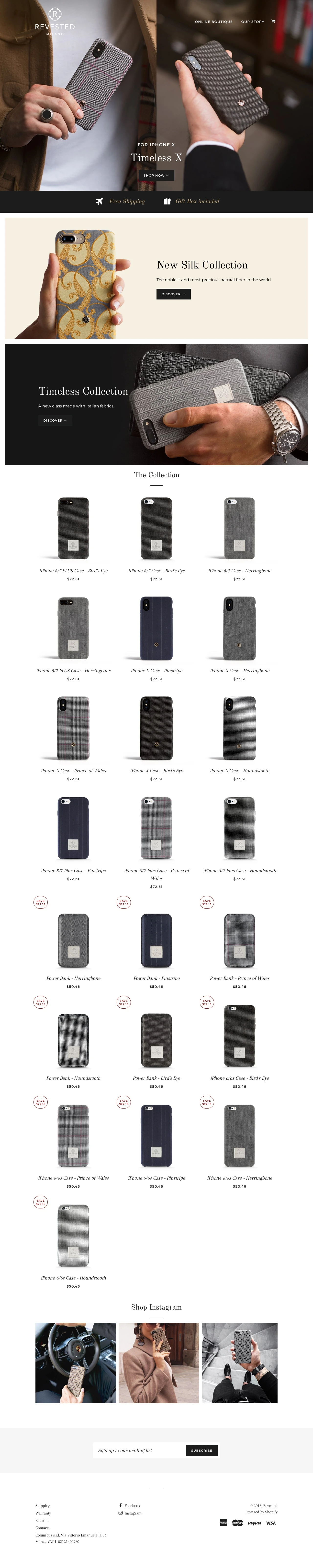 Revested Milano Landing Page Example: Give uniqueness, style and sophistication to your smartphone with the finest fabrics made in Italy.