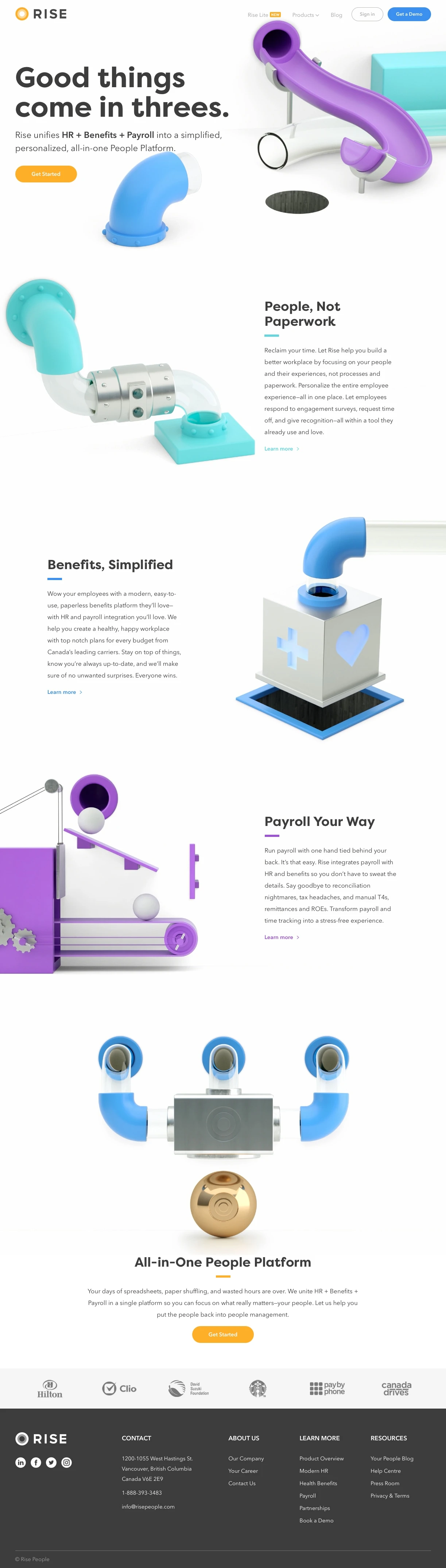 Rise Landing Page Example: Unify your HR, benefits, payroll, time off and more so you can focus on what really matters—your people. Canada's only all-in-one online HR Software.