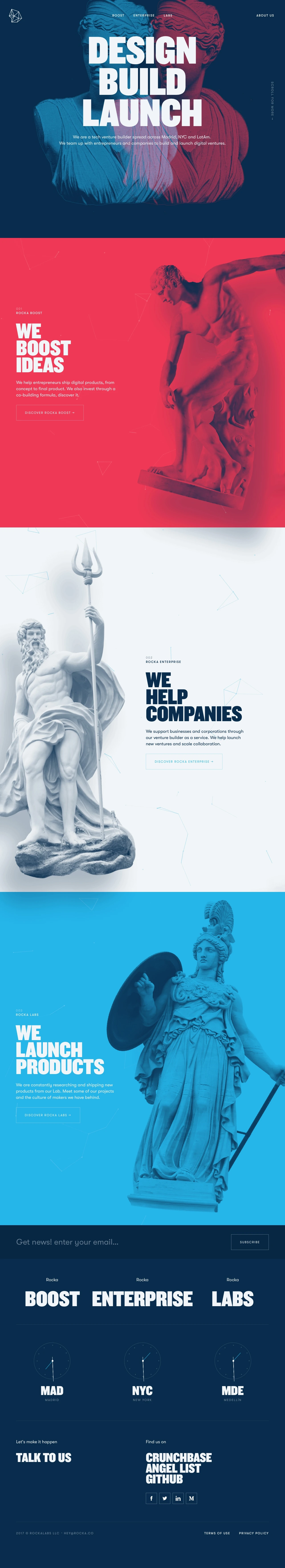 Rocka Landing Page Example: We are a tech venture builder spread across Madrid, NYC and LatAm. We team up with entrepreneurs and companies to build and launch digital ventures.
