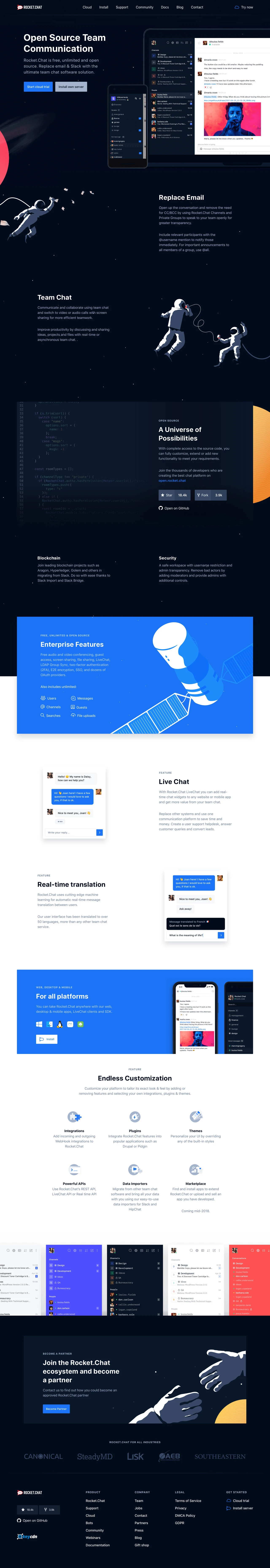 Rocket.Chat Landing Page Example: Rocket.Chat is the leading open source team chat software solution. Free, unlimited and completely customizable with on-premises and SaaS cloud hosting.