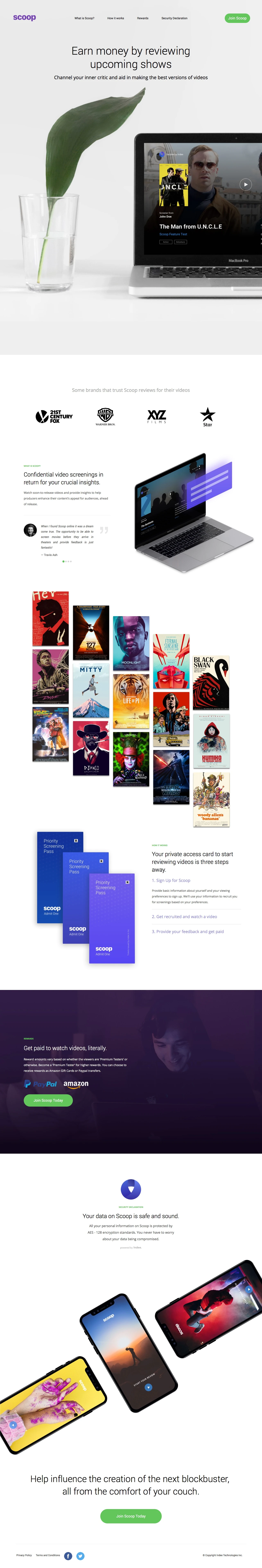 Scoop Landing Page Example: Scoop is a secure pre-release video screening platform that grants video access in exchange for reviews from its viewers.