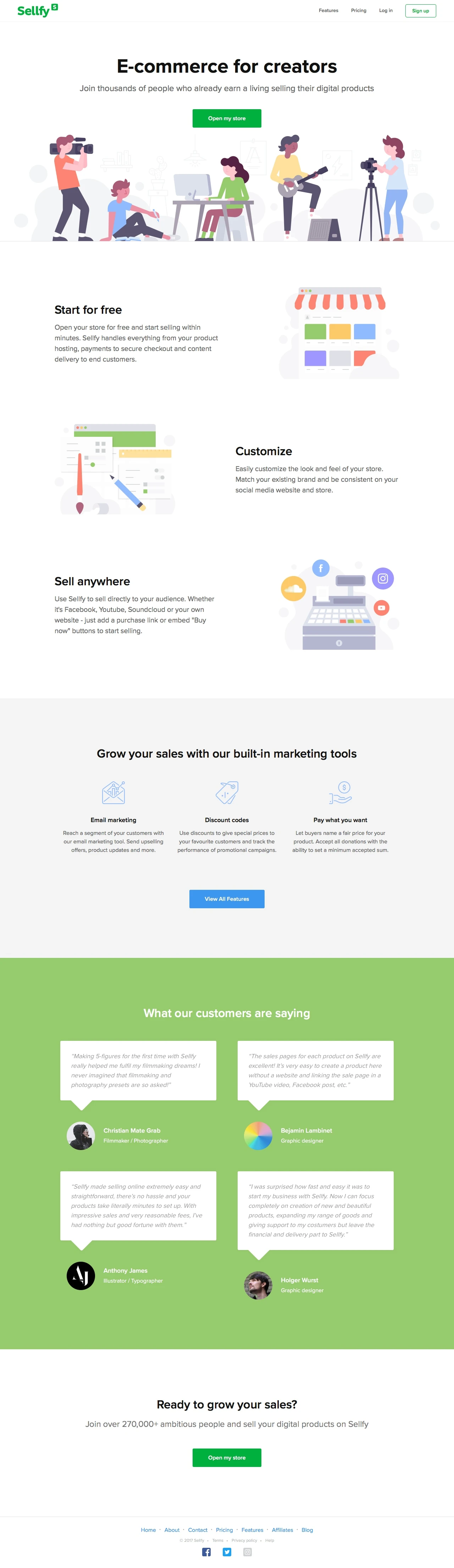 Sellfy Landing Page Example: Earn a living selling your digital products. Discover great content, get updates from your favorite creators or launch your own product.