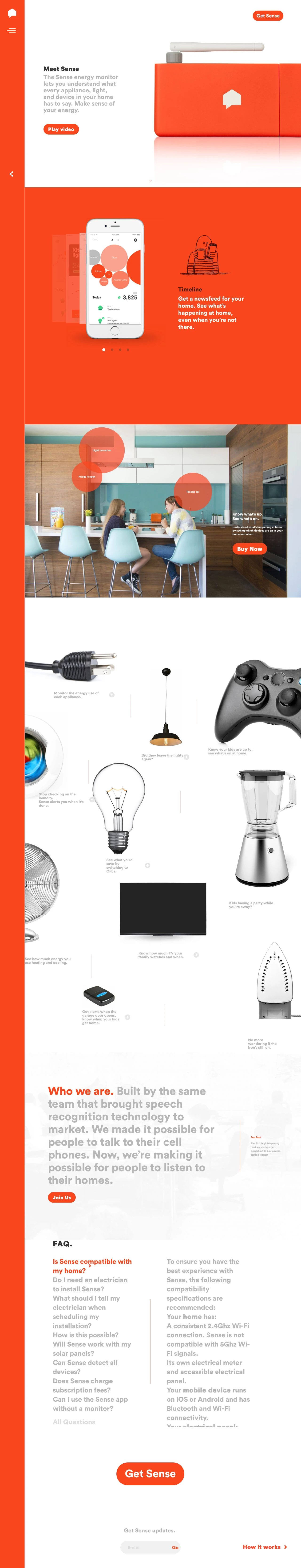 Sense Landing Page Example: The Sense energy monitor lets you understand what every appliance, light, and device in your home has to say. Make sense of your energy.