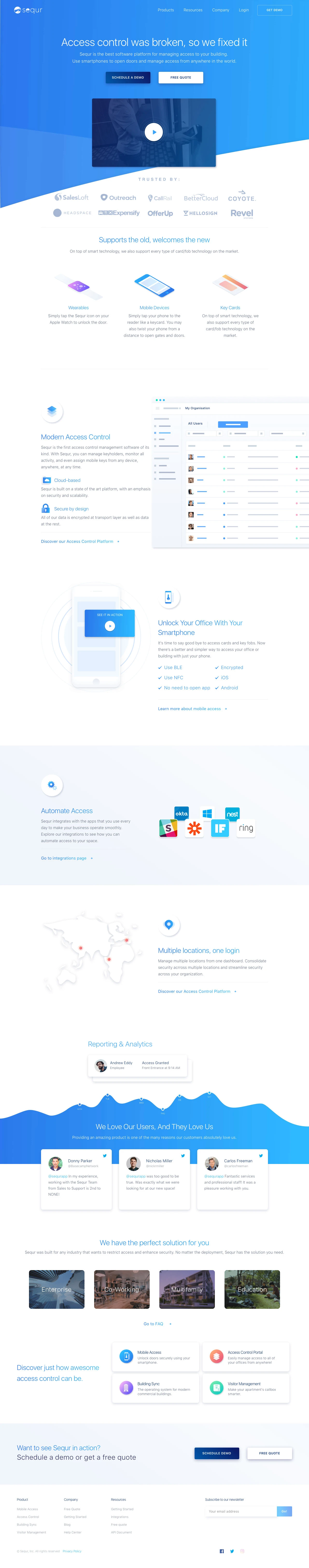 Sequr Landing Page Example: Sequr is the best software platform for managing access to your building. Use smartphones to open doors and manage access from anywhere in the world.