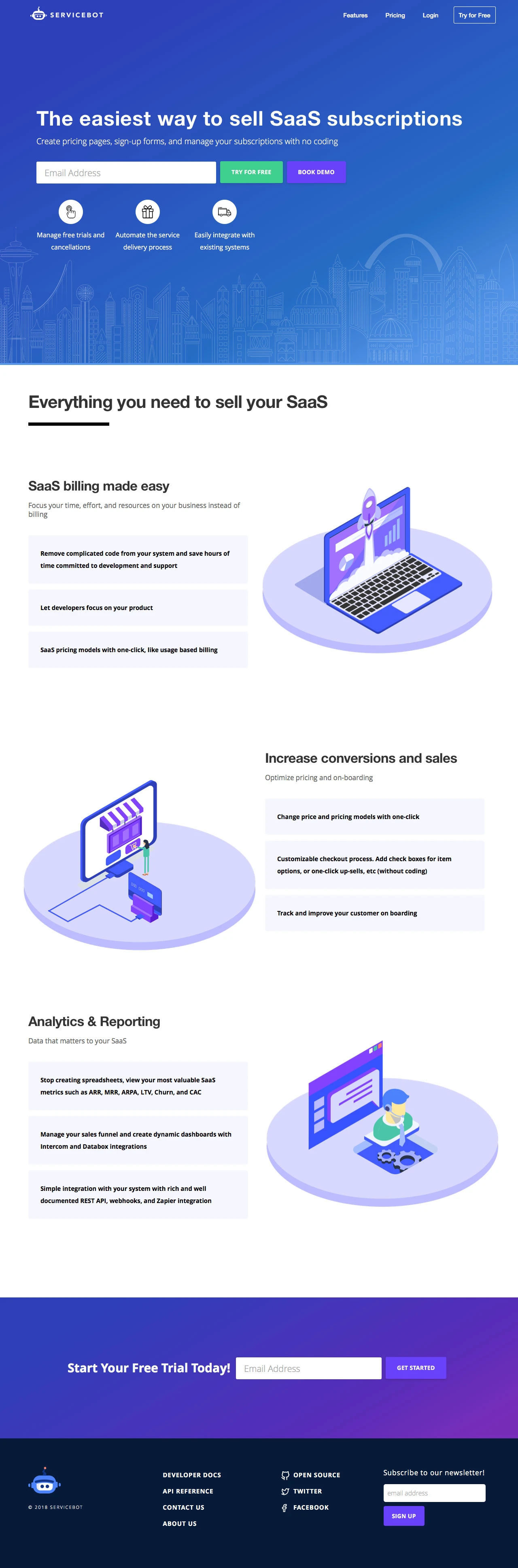 ServiceBot Landing Page Example: The easiest way to sell SaaS subscriptions. Create pricing pages, sign-up forms, and manage your subscriptions with no coding