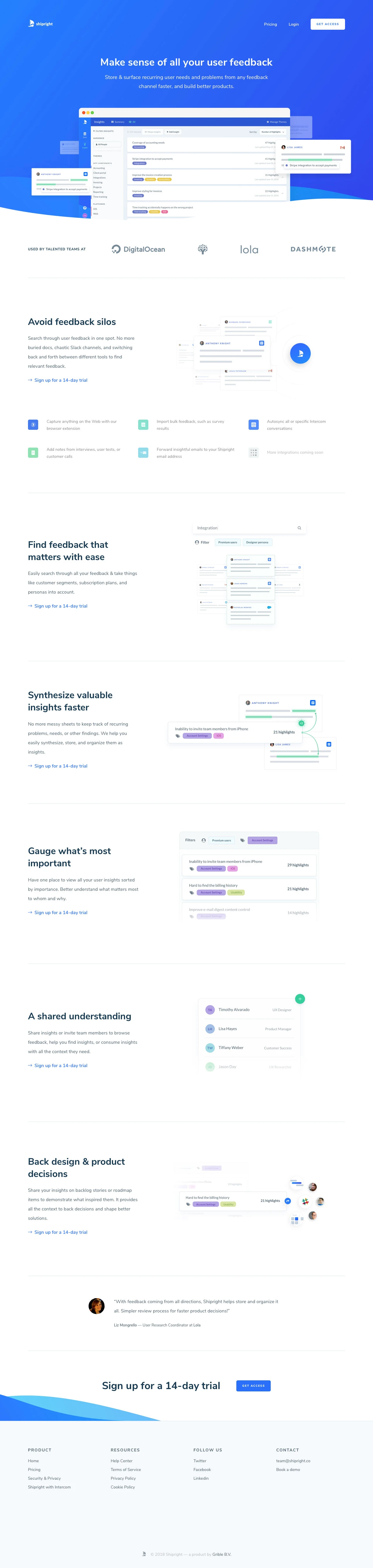 Shipright Landing Page Example: Make sense of all your user feedback. Store & surface recurring user needs and problems from any feedback channel faster, and build better products.