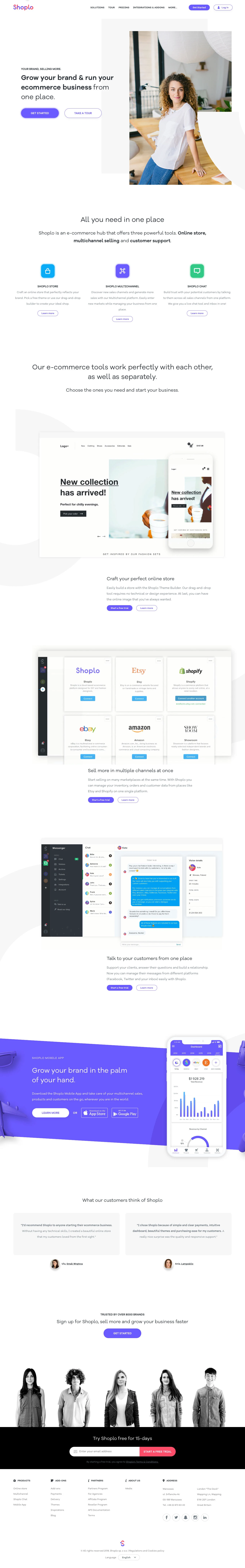 Shoplo Landing Page Example: Grow your brand & run your ecommerce business from one place.