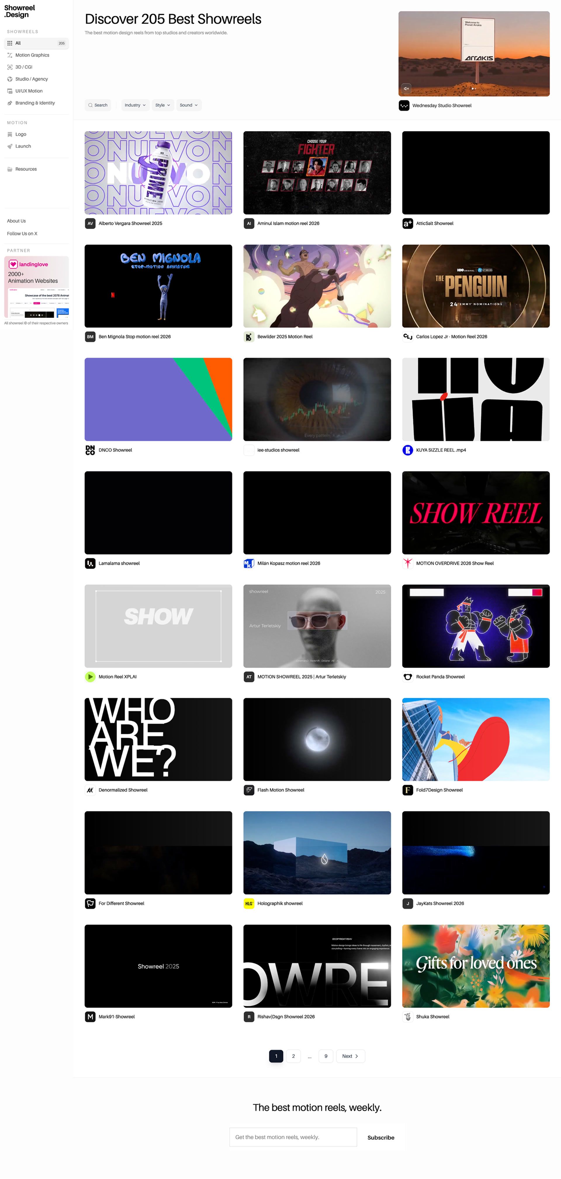 Showreel.Design Landing Page Example: A curated archive of the best motion design reels from studios and creators worldwide — updated every week.