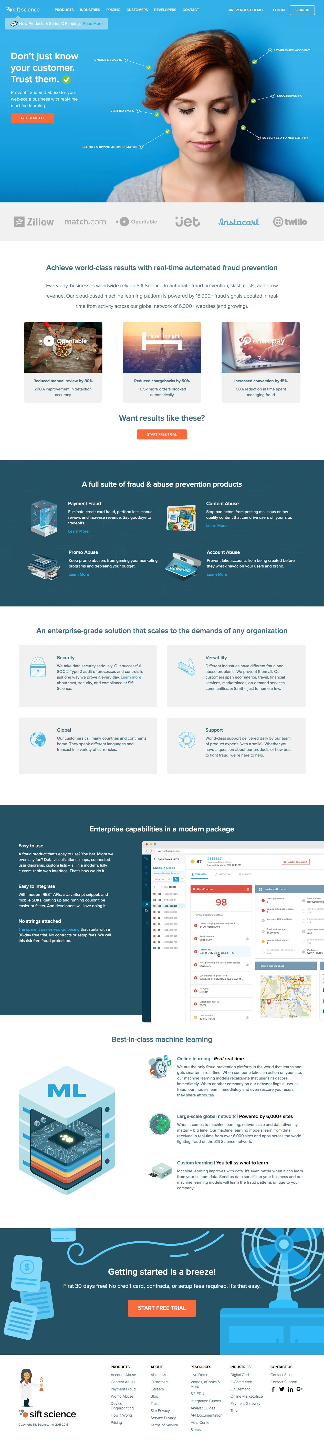 Sift Science Landing Page Example: Achieve world-class results with real-time automated fraud prevention.