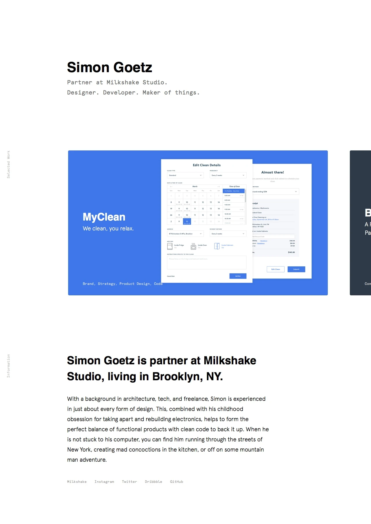 Simon Goetz Landing Page Example: Simon Goetz is partner at Milkshake Studio. Designer. Developer. Maker of things.