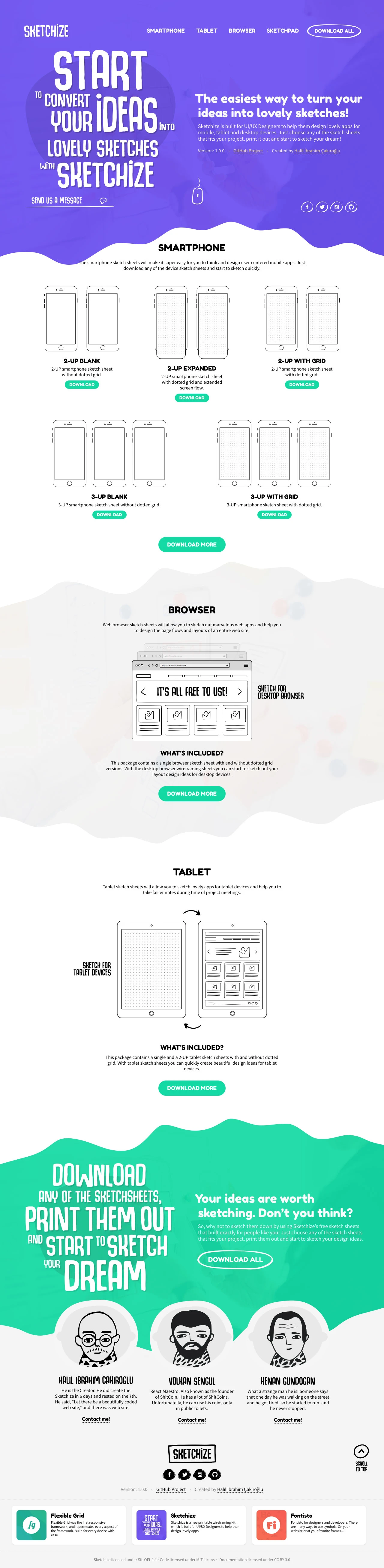 Sketchize Landing Page Example: Sketchize is built for UI/UX Designers to help them design lovely apps for mobile, tablet and desktop devices. Just choose any of the sketch sheets that fits your project, print it out and start to sketch your dream!