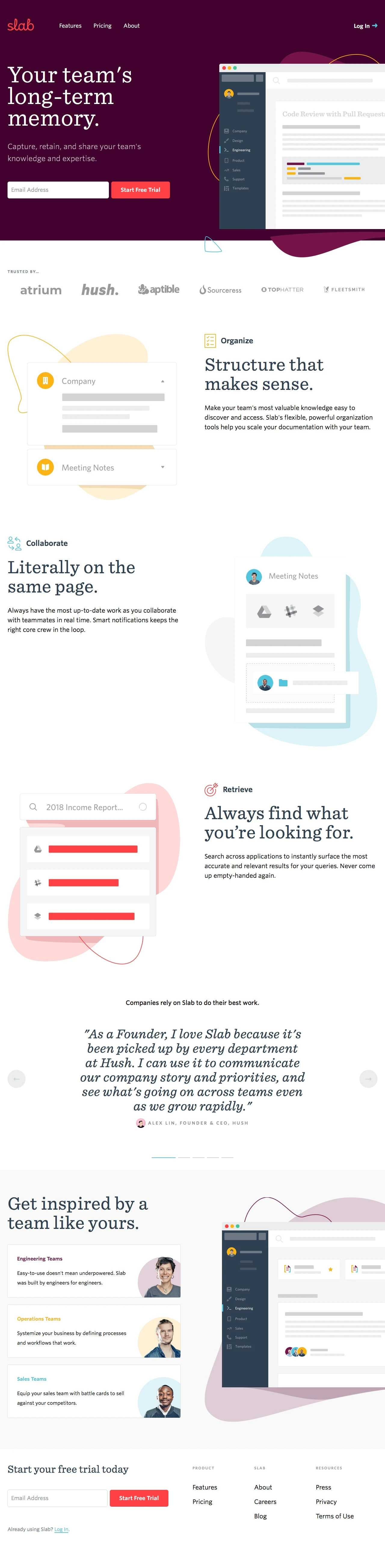 Slab Landing Page Example: A simple, beautiful team wiki built for the modern web, featuring an intuitive editor, blazing fast search, and numerous integrations, like Slack, Github and GSuite.