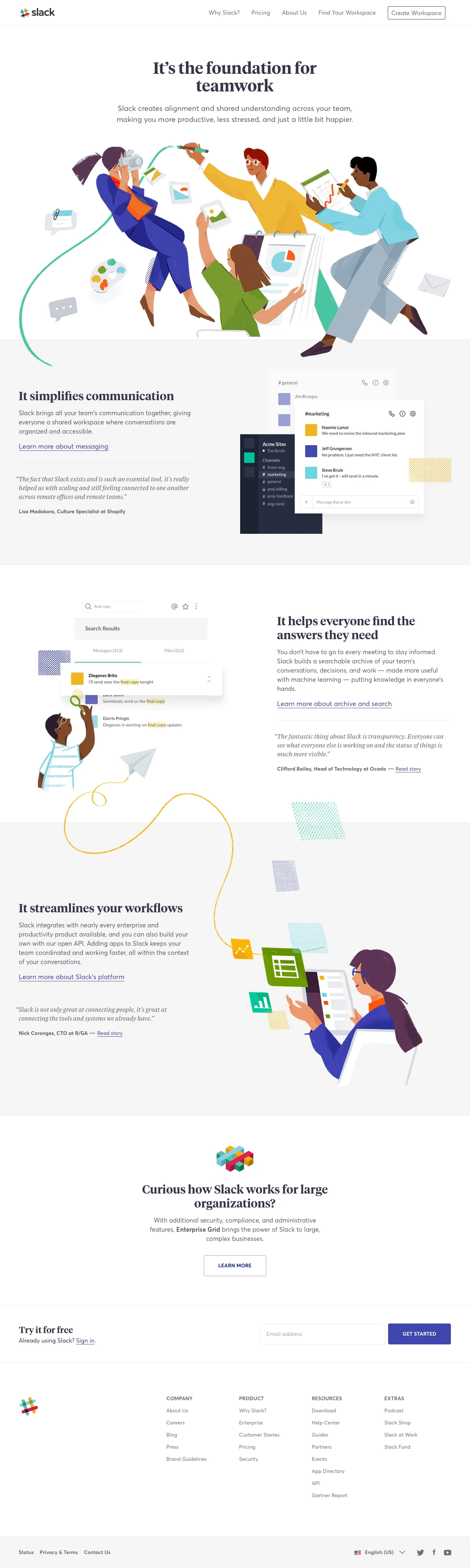 Slack Features Landing Page Example: Slack creates alignment and shared understanding across your team, making you more productive, less stressed, and just a little bit happier.