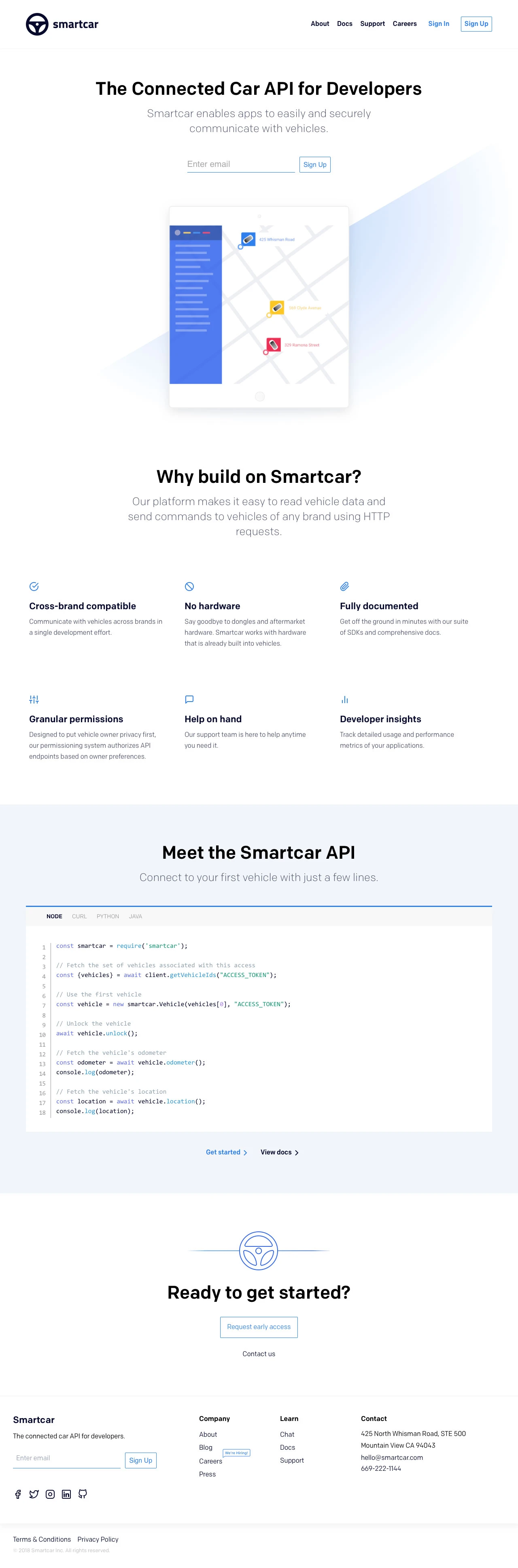 Smartcar Landing Page Example: Smartcar enables apps to easily and securely communicate with vehicles.