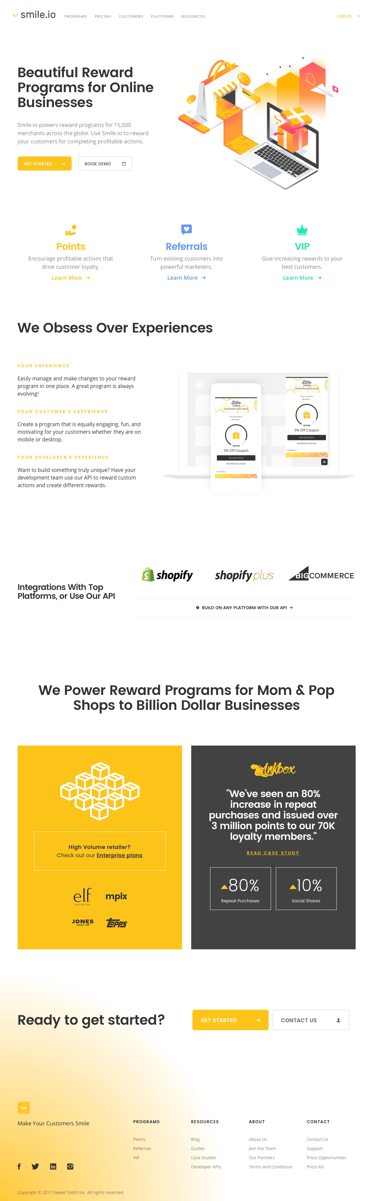 Smile.io Landing Page Example: Beautiful reward programs for online businesses.