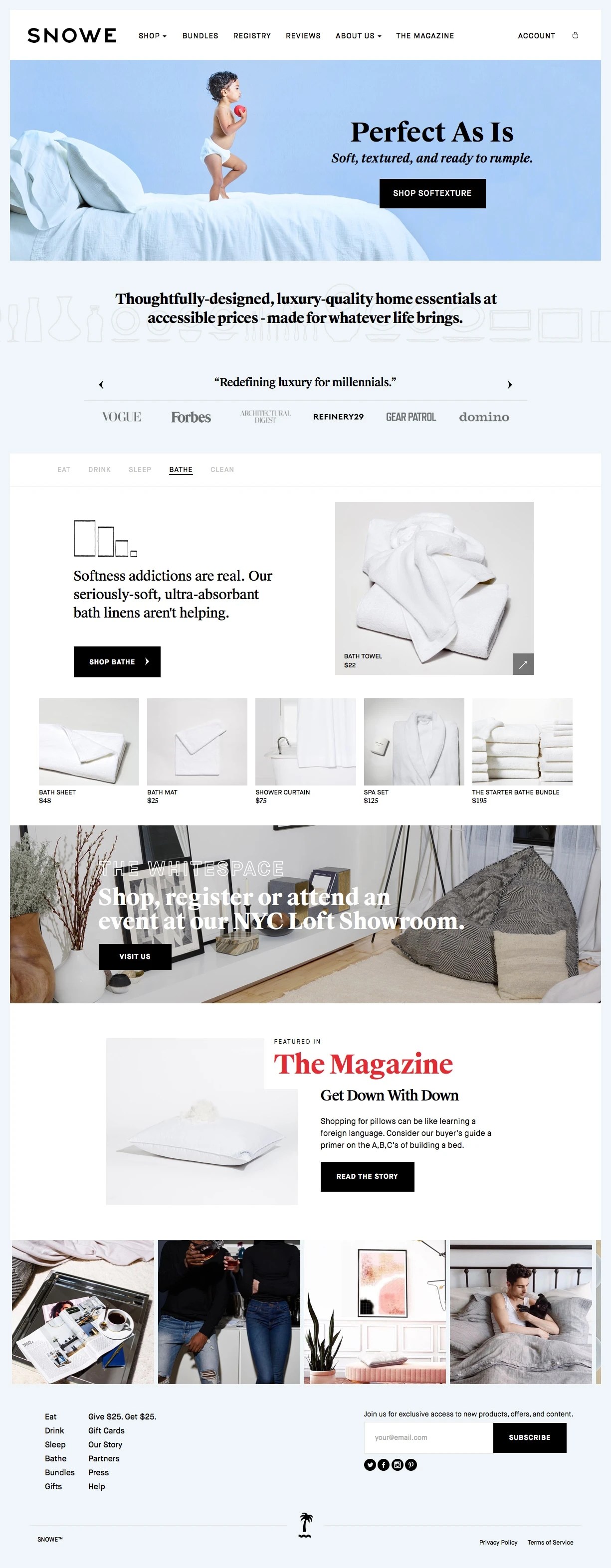 Snowe Landing Page Example: We’ve thoughtfully designed a collection of home essentials using the highest quality materials in the world.
