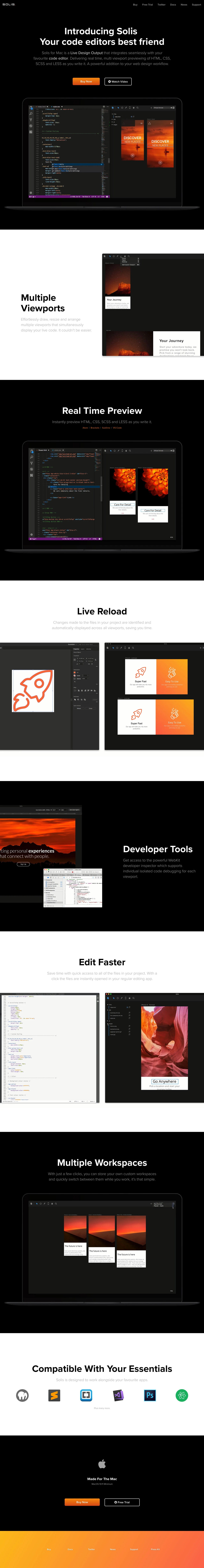 Solis Landing Page Example: Solis is a Live Design Output that integrates seamlessly with your favourite code editor to deliver real time, multi viewport previewing of HTML, CSS, SASS and LESS as you write it.