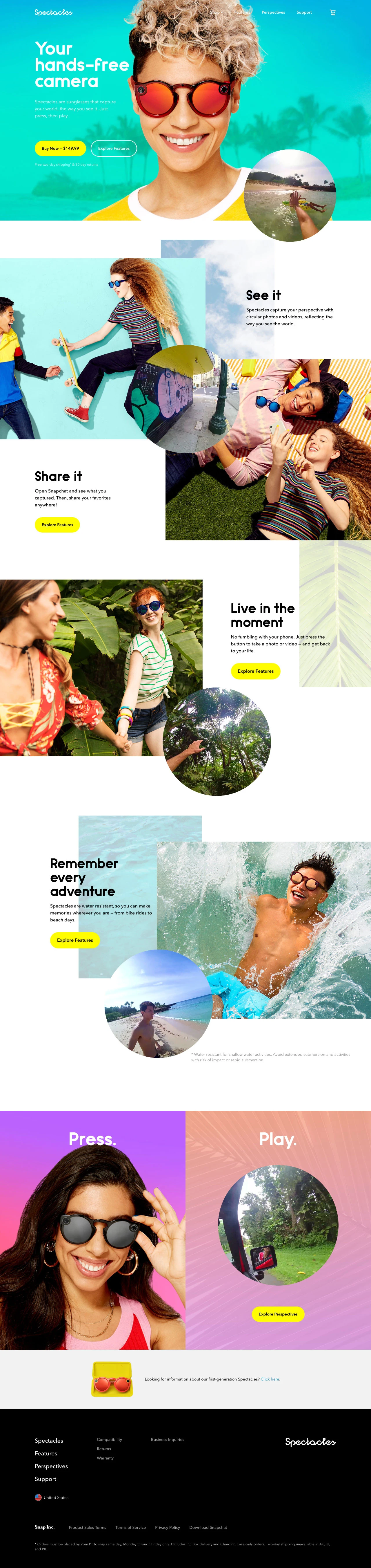 Spectacles Landing Page Example: Spectacles are sunglasses that capture your world, the way you see it. Just press, then play.