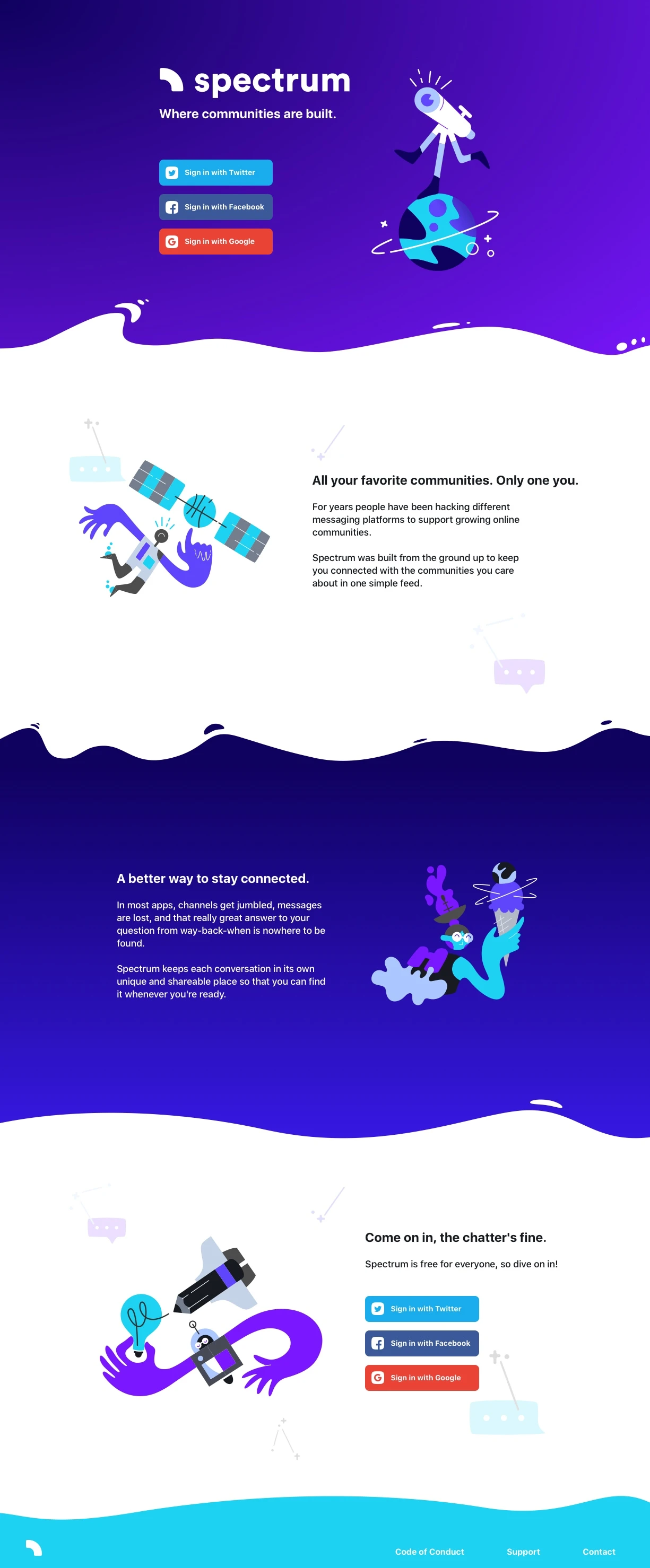Spectrum Landing Page Example: Spectrum was built from the ground up to keep you connected with the communities you care about in one simple feed.