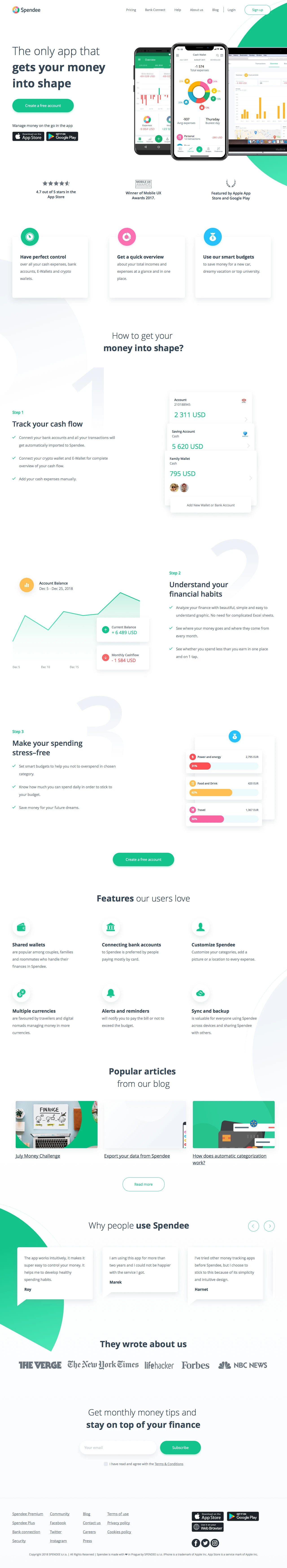 Spendee Landing Page Example: Manage all your money with ease from one place with Spendee. Track your income and expenses, analyze your financial habits and stick to your budgets. Get Spendee now!