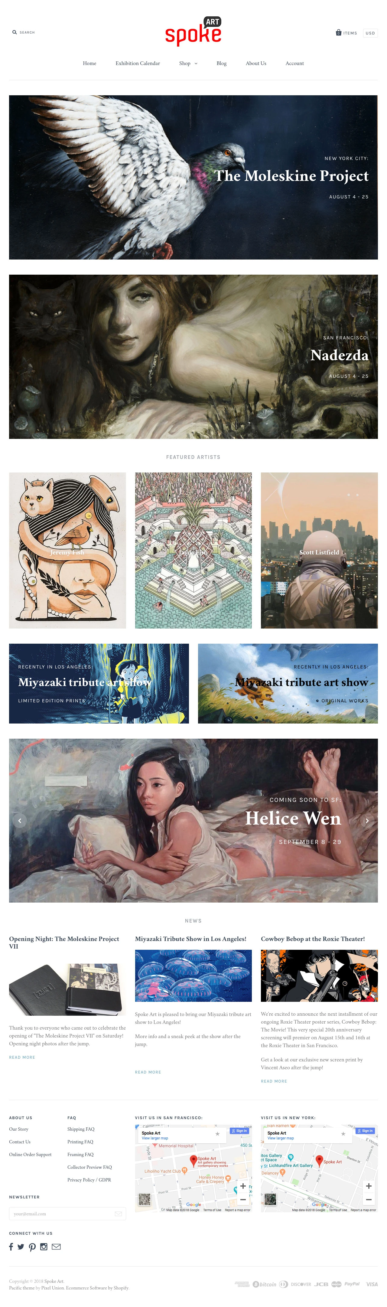 Spoke Art Landing Page Example: Specializing in affordable and accessible fine art from an international roster of contemporary artists with an emphasis on popular culture and illustration.