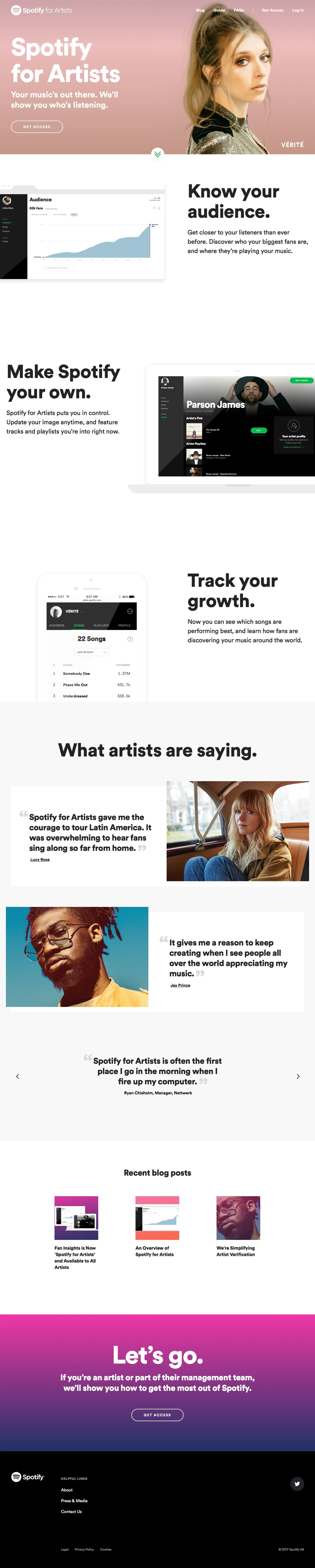 Spotify For Artists Landing Page Example: Your music’s out there. We’ll show you who’s listening.