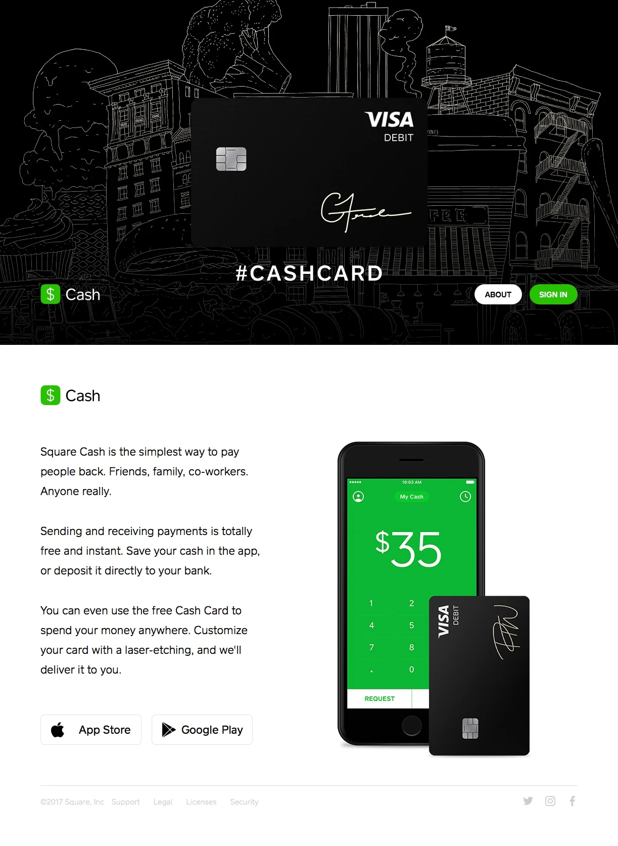Square Cash Landing Page Example: Sending and receiving payments is totally free and instant. Save your cash in the app, or deposit it directly to your bank.