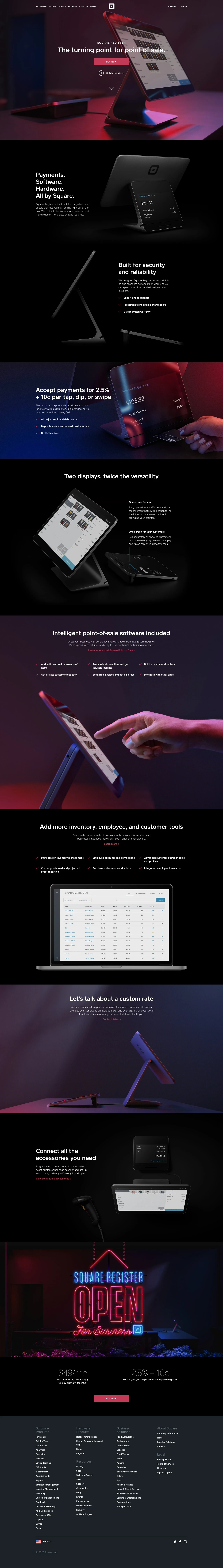 Square Register Landing Page Example: Square Register is our new, stylish point of sale solution with a customer-facing display. Accept all major credit cards for only 2.5% + 10¢ per tap, dip, or swipe.