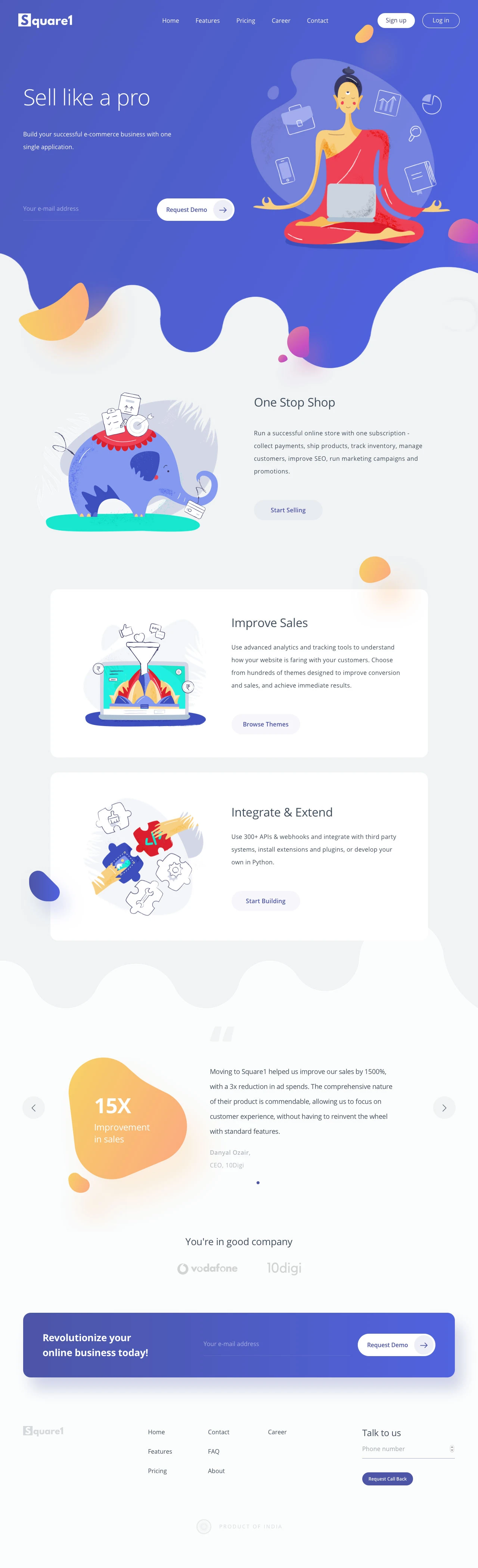 Square1 Landing Page Example: Build your successful e-commerce business with one single application.