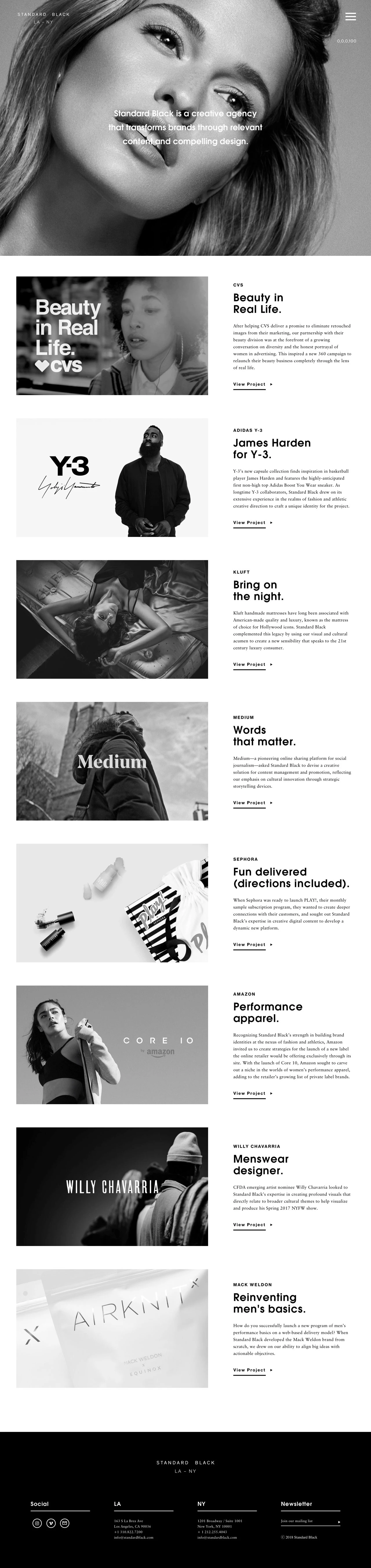 Standard Black Landing Page Example: Standard Black is a creative agency that transforms brands through relevant content and compelling design.