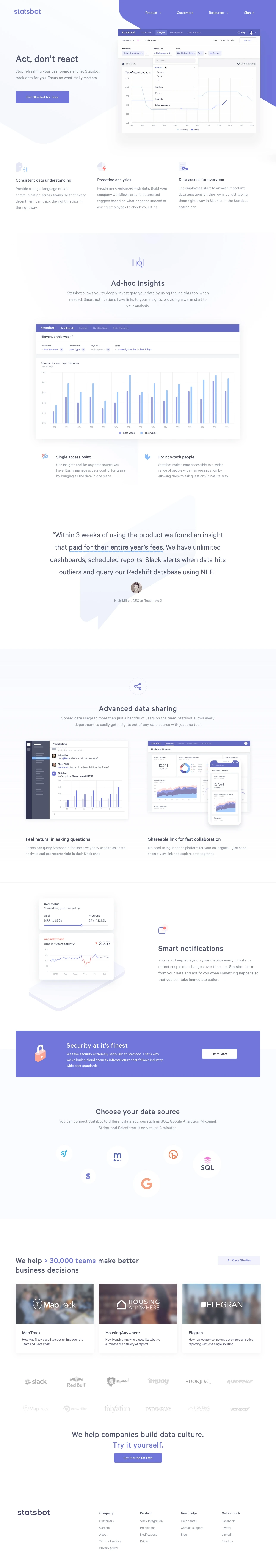 Statsbot Landing Page Example: Statsbot is a data platform that serves every department and every person’s data needs.