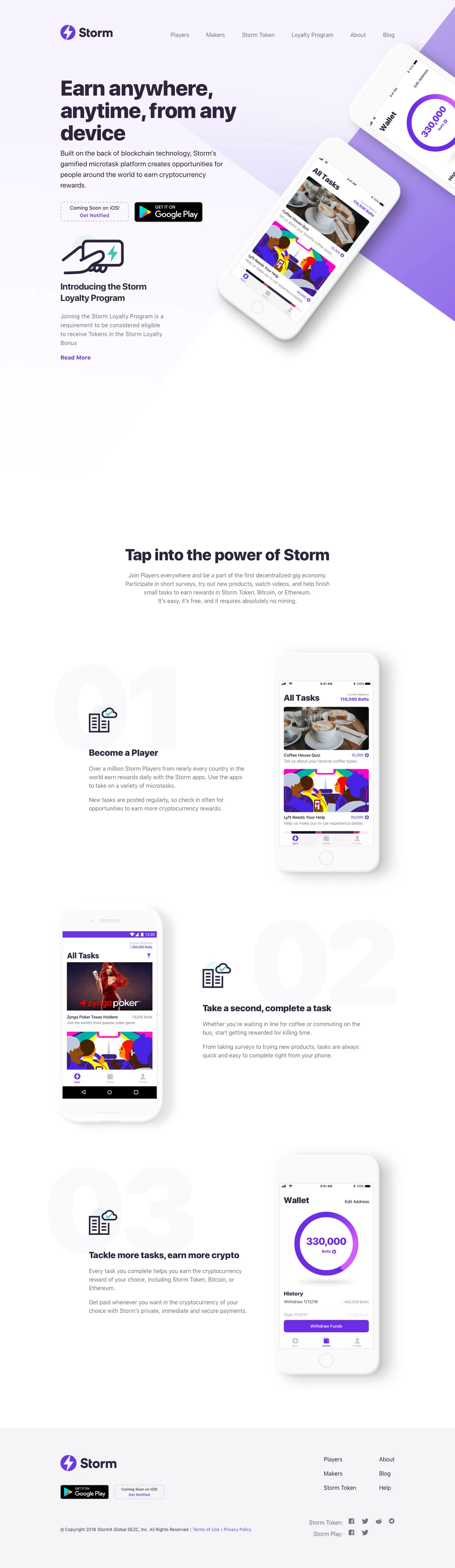 Storm Landing Page Example: Built on blockchain technology, Storm’s gamified microtask platform creates opportunities for people around the world to earn cryptocurrency.
