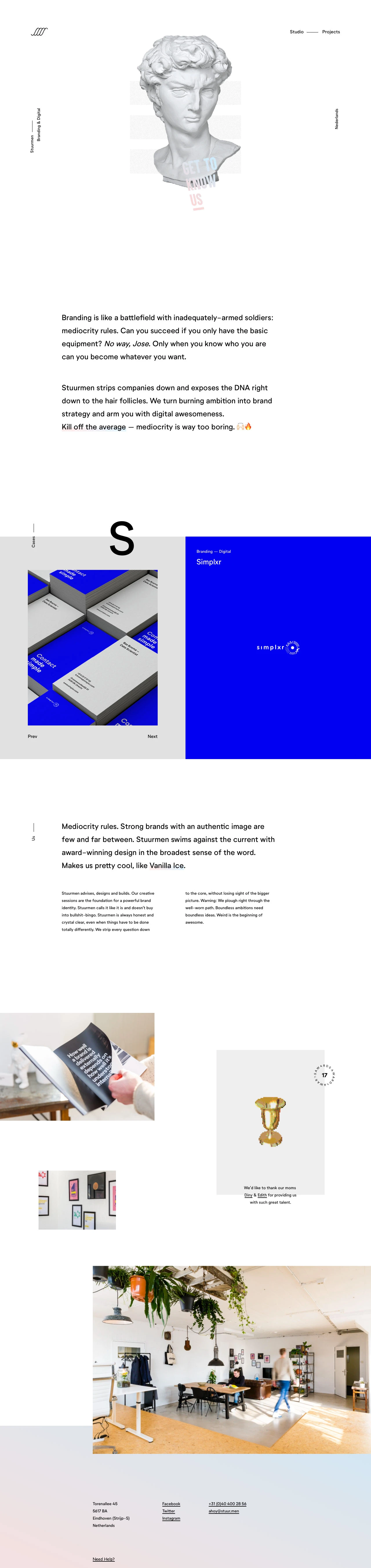 Stuurmen Landing Page Example: Stuurmen turns burning ambition into brand strategy and arms you with digital awesomeness. Kill off the average – mediocrity is way too boring.