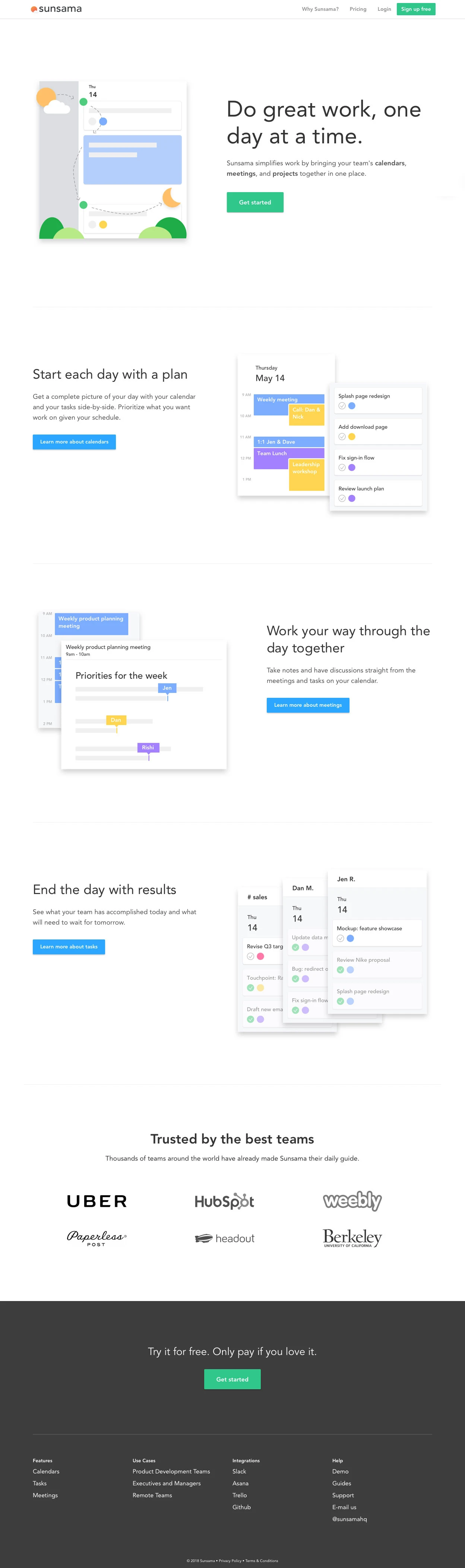 Sunsama Landing Page Example: Sunsama simplifies work by bringing your team's calendars, meetings, and projects together in one place.