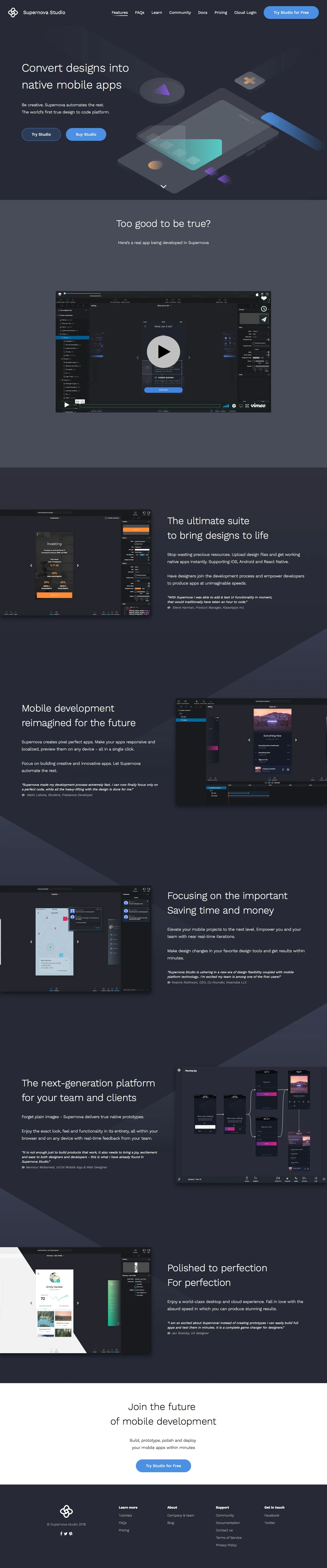 Supernova Studio Landing Page Example: Be creative. Supernova automates the rest. The world’s first true design to code platform.