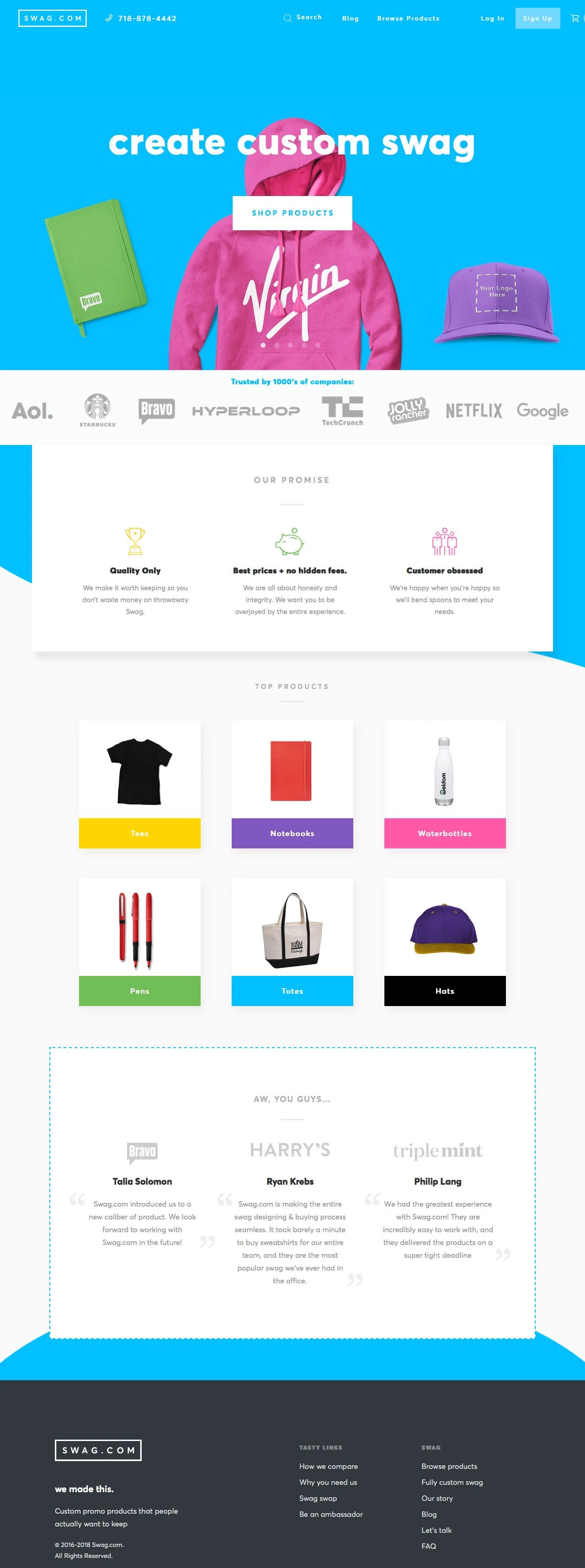 Swag Landing Page Example: Swag.com helps companies create quality promotional products that people actually want to keep.