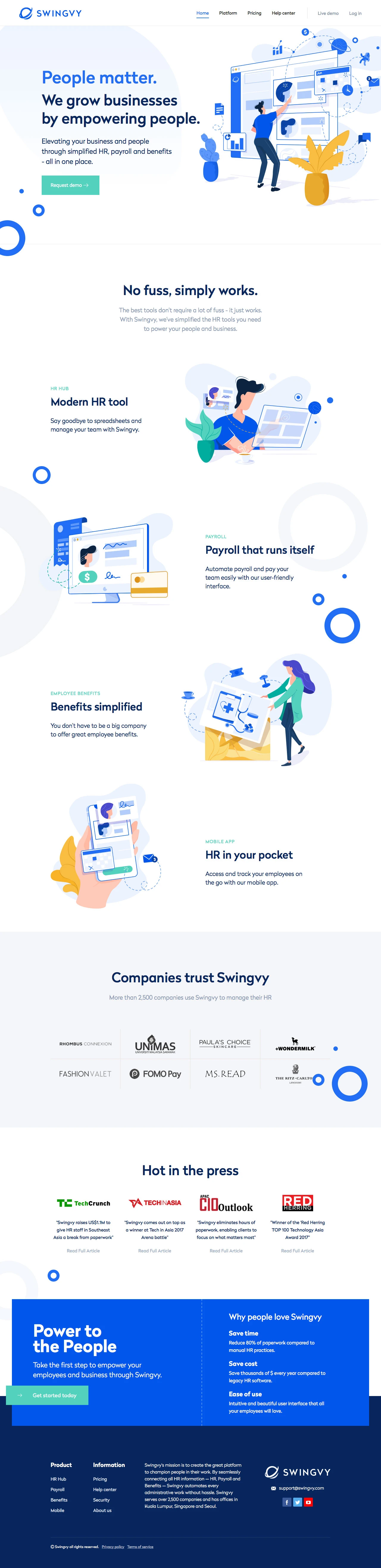 Swingvy Landing Page Example: Elevating your business and people through simplified HR, payroll and benefits - all in one place