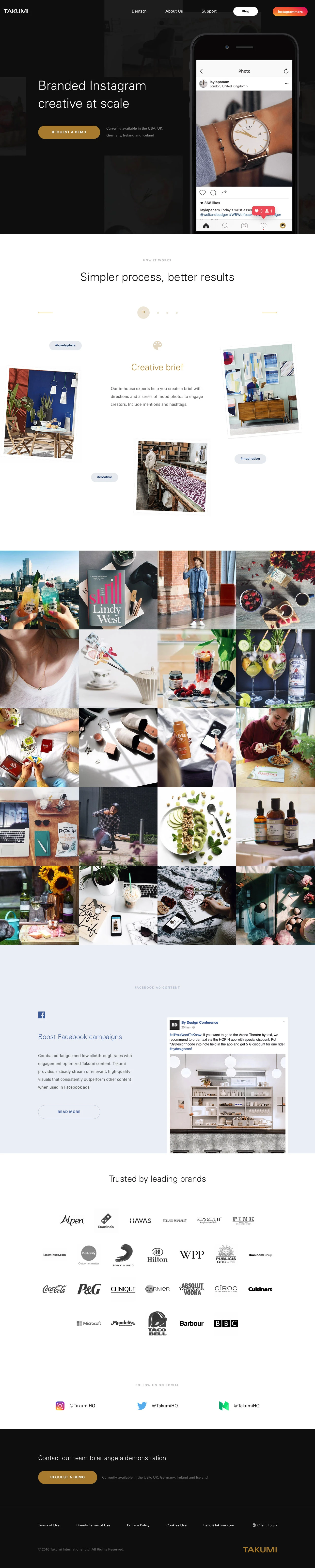 TAKUMI Landing Page Example: Work with highly engaging creators on Instagram at scale. Get high quality, engagement optimised, fully licensed brand content.