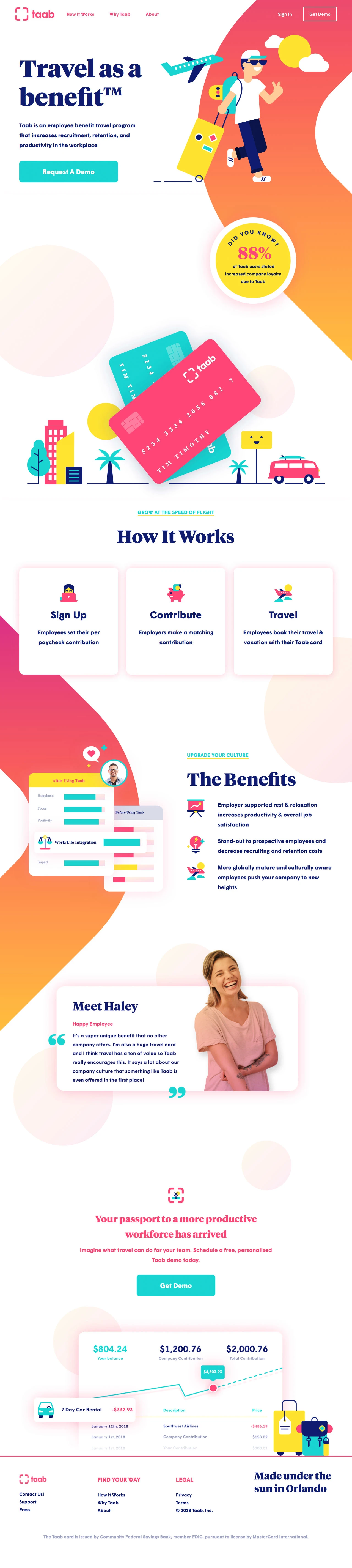 Taab Landing Page Example: Taab is an employee benefit travel program that increases recruitment, retention, and productivity in the workplace.