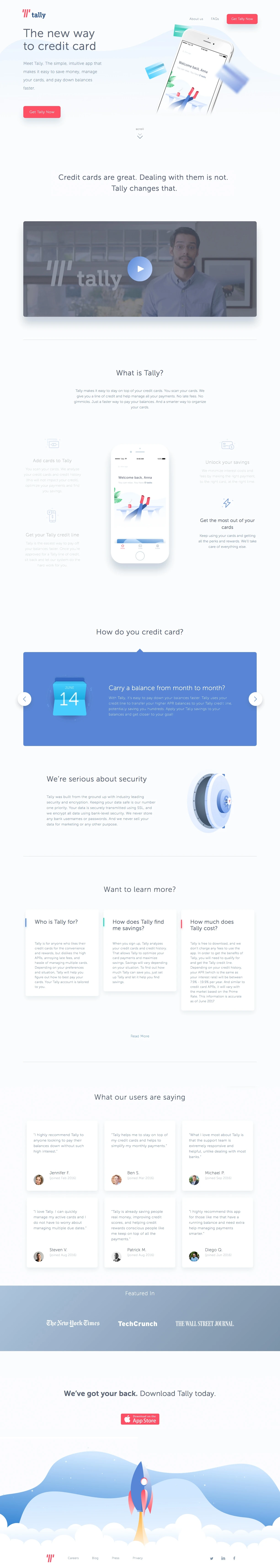 Tally Landing Page Example: Tally helps you smartly pay your credit cards and pay down balances faster by saving you money on interest and late fees - potentially saving you hundreds.
