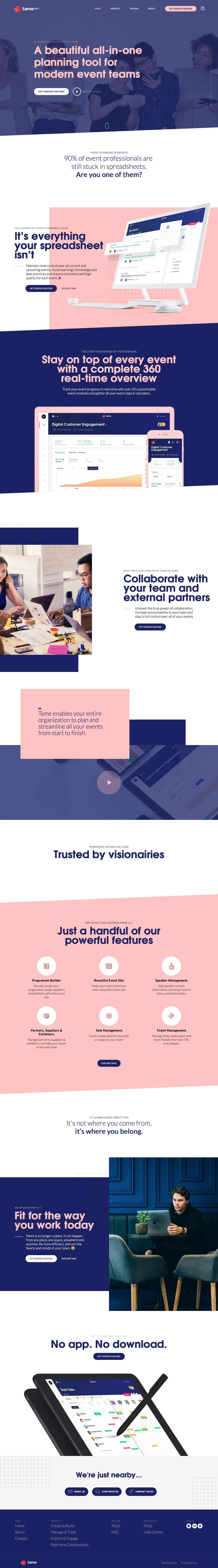 Tame Landing Page Example: A beautiful all-in-one planning tool for all your events. Work together with your team and external partners.
