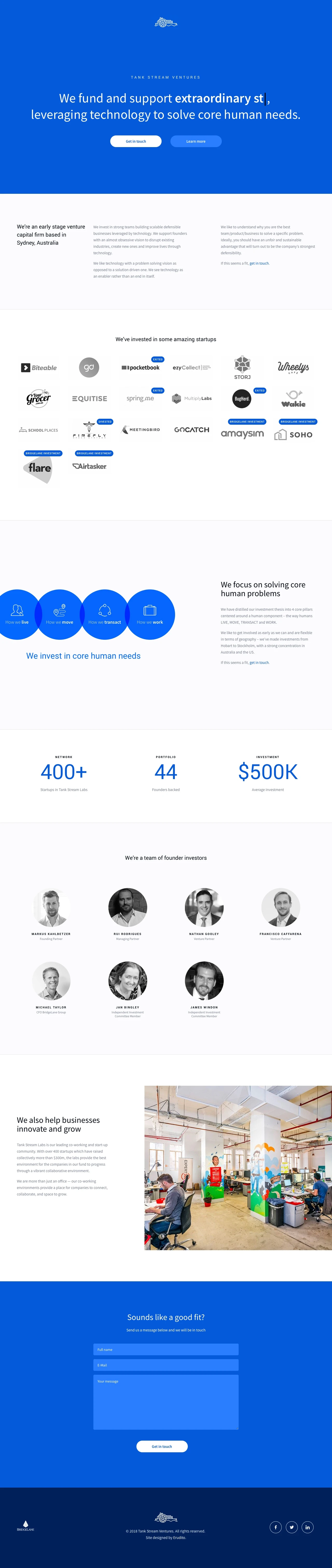 Tank Stream Ventures Landing Page Example: We’re an early stage venture capital firm in Sydney, Australia. We invest in strong teams building scalable defensible businesses leveraged by technology. We support founders with an ambitious vision to disrupt industries and improve people’s lives through technology.